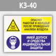 Знак «Опасно - работай в колодце после проведения анализа воздуха. Имей допуск и средства индивидуальной защиты», КЗ-40 (металл, 600х400 мм)